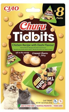 INABA Churu Tidbits, Leckerlies für Kleine Katzen mit Huhn und Dashi, 96g | Katzenleckerlis ohne Getreide und Zucker, Hochwertige Zutaten, Katzensnacks in kleinen Häppchen, Perfekt für die Spielzeit