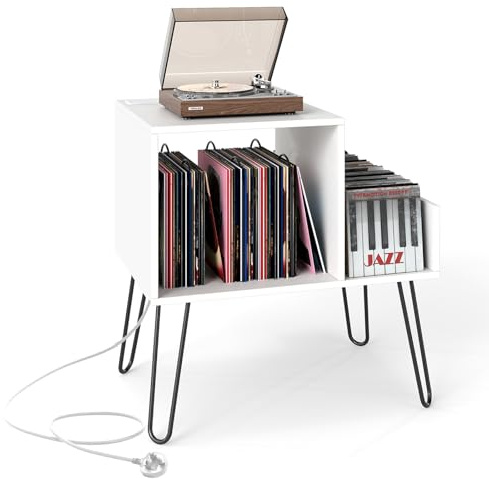COSTWAY Record Player Stand with Charging Station, Turntable Stand End Side Table with Dividers and Shelf for 145 Albums, Metal Legs Vinyl Record Storage Cabinet Holder for Living Room (White)