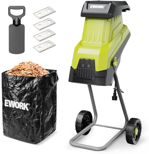 EWORK Trituratore elettrico per legno da 15 Amp, rapporto di riduzione 15:1, con 4 lame in acciaio incluse, capacità 4 cm, trituratore da giardino per compostaggio rami e ramoscelli