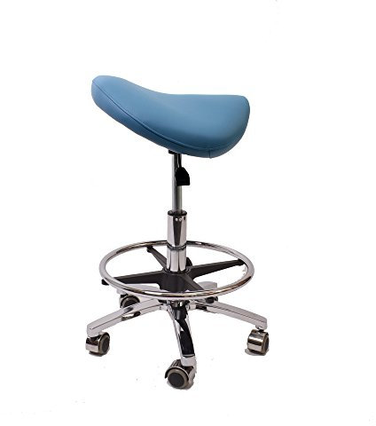 Promafit Sattelhocker/Sattelstuhl mit Gummirollen für alle Böden und Metallfuß - ergonomisch - stufenlos höhenverstellbar - viele Farben - 360° drehbar (Himmelblau, Mit Fußring)