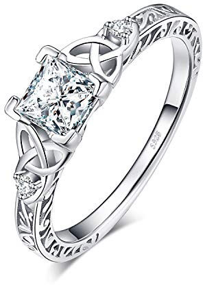JewelryPalace Vintage Celtic Knot Engagement Rings for Women, 14K Gold Plated 925 Sterling Silver Cubic Zirconia Promise Rings, Anniversary Princess Cut Solitaire Simulated Diamond Ring Jewellery