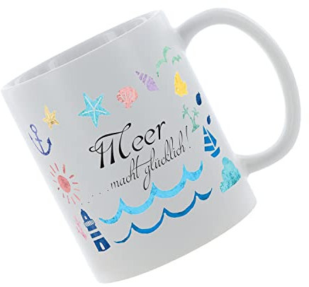 Kaffeebecher Meer macht Glücklich Kaffeetasse mit Motiv, Tasse mit Druck, auch individuell mit Spruch, Foto, Wunschtext, Wunschname