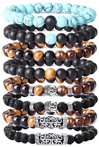 YADOCA 8 Stücke 8 MM Beads Armbänder für Herren - Lava Tigerauge Buddha Kopf Set - Gothic Punk Stil