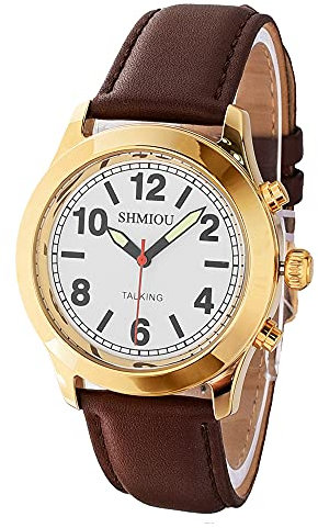 Sprechende Armbanduhr, goldfarben, Lederband, braun, französisch, Unisex, für Senioren, Blindlicht, Herren und Damen, Armband, Analog, mit Wecker, Datum