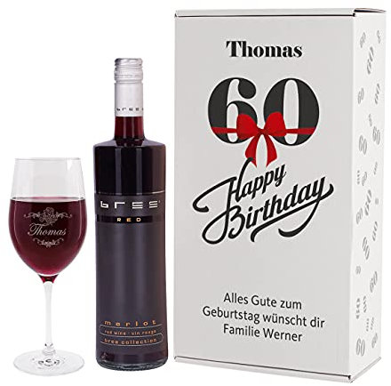 Herz & Heim® Geburtstagsgeschenk zum 60. Geburtstag - Bree Wein-Präsent mit graviertem Weinglas in Geschenkverpackung Rotwein