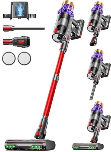 AIBIRTH Aspiradora sin Cable 60Kpa/650W/70Mins, Escoba Aspiradora de 1.8L, Sistema de Filtración de 8 Etapas,Autoportante, Adecuada para Pelo de Mascotas, Luz Verde Alfombras y Suelos de Madera