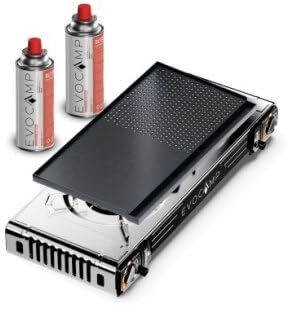 Gaskocher 2-flammig mit Piezozündung - mit Grillaufsatz 45cm - Campingkocher für Gaskartuschen MSF-1a 227g - Camping Gaskocher für Campinggaz - Camping Herd mit Grillplatte + 2 Gaskartuschen