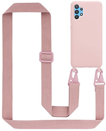 Cadorabo Handykette kompatibel mit Samsung Galaxy A32 5G Schutzhülle TPU Liquid Silikon Case Necklace mit verstellbarem Band Kordel Band mit Etui Rundumschutz Case Hülle für Galaxy A32 5G in Rosa