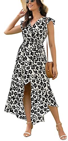 GRECERELLE Womens Summer Maxi Dress Boho Floral Cocktail Polka Dot Wrap Dresses V Neck Casual Party Bohemian Flowy Long Dress for Ladies (Big Lily White, XL)
