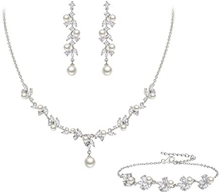 Clearine Braut Schmuck Set elfenbeinfarben künstliche Perle Marquise Zirkonia Cluster Anhänger Halskette Ohrhänger und Armband