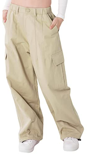 Rolanko Mädchen Cargohose, Baumwoll Baggy Hose mit Elastischer Taille und Mehreren Taschen für Kinder von 6–15 Jahre, Beige, Größe: 150