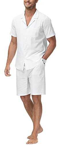 YAOHUOLE Men's Cotton Linen Shirt and Shorts 2 Piece Outfits Sets Casual Summer clothes Vacation Beach Wedding Suits