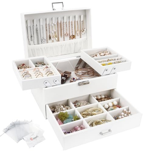 Jewellery Box Organiser, 3 Layer PU Leather Jewellery Case, Large Jewellery Organiser with Drawer, Jewellery Storage Case for Necklaces Earrings Bracelets and Rings, White