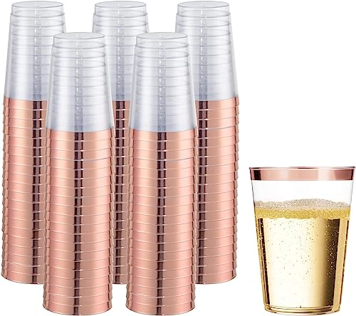 Bicchieri in plastica da 360 ml, con oro rosa, trasparenti, riutilizzabili, per feste, matrimoni, battesimi, picnic, campeggio, compleanno (100 pezzi)