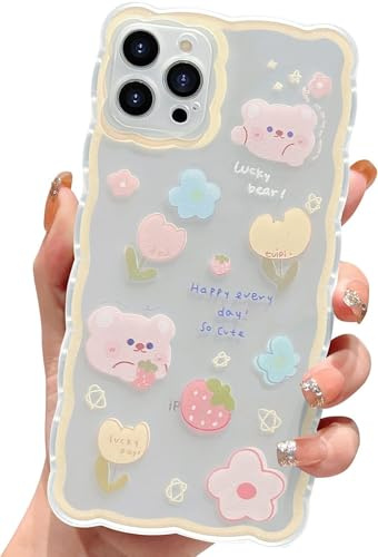 EYZUTAK Handyhülle für iPhone 14 Pro Max,Transparent Gewellter Handyhülle mit Niedliche Cartoon Blume Erdbeere Bär Blumenmuster Hülle Weicher Schutzhülle TPU Cover Für Frauen und Mädchen-Gelb