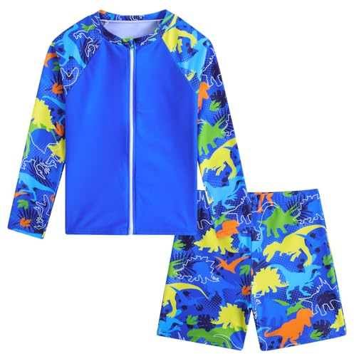 Boys Long Sleeve Rash Guard Swimsuit Kid Water Sport Short Swimsuits UPF 50+ Sun Protection 2-Pieces Blue Dinosaur Zip Bathing Suits Set 4-5 Years