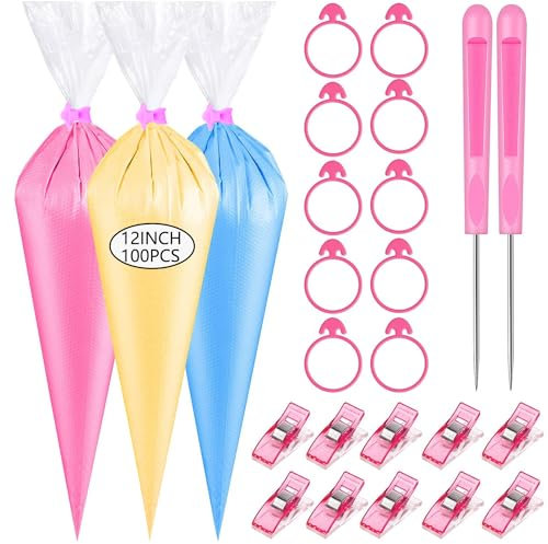 GZMAISULEE Lot de 122 poches à douille jetables de 30,5 cm, 100 poches à glaçage, 10 clips pour poche à glaçage, 2 aiguilles à tracer et 10 attaches pour poche à pâtisserie pour biscuits et décoration