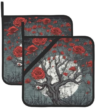 Lot de 2 maniques résistantes à la chaleur pour micro-ondes, four, barbecue - Motif arbre gris avec roses rouges