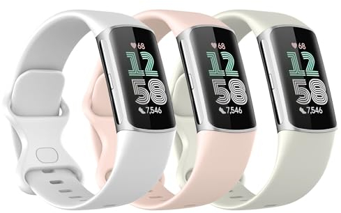 Astorgos 3 Pièces Bracelet de Montre Compatible avec Fitbit Charge 6/Fitbit Charge 5 pour Femme Homme, Bracelet de Remplacement en TPE Souple, Rose Sable/Blanc Lune/Blanc