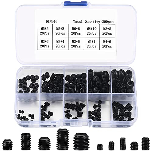 200 Pcs Set Screw Assortment Set, Threaded Pins Screws, Hexagon Head Allen Head Bolt, Hex Grub Head Machine Screw Fastening Part Kits, M3/M4/M5/M6/M8