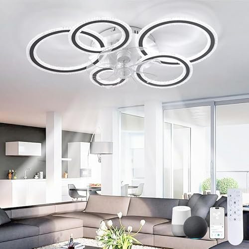 Chambre Lustre Ventilateur De Plafond Alexa LED TéLéCommandé Silencieux Plafonnier Ventilateur De Plafond Salon RéVersible 6 Vitesses Ventilateur Lumiere Plafond Dc Smart App Grande, Noir||A