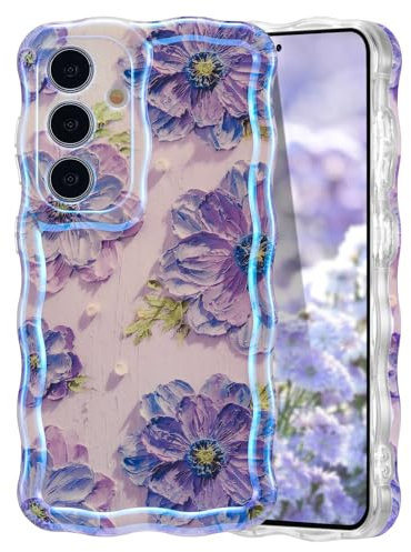 EYZUTAK Case for Samsung Galaxy S24, Colorful Retro Oil Painting Flower Laser Glossy Pattern Cute Curly Wave Edge Exquisite Phone Cover Stylish Durable TPU Protective Case for Girls Women - Purple
