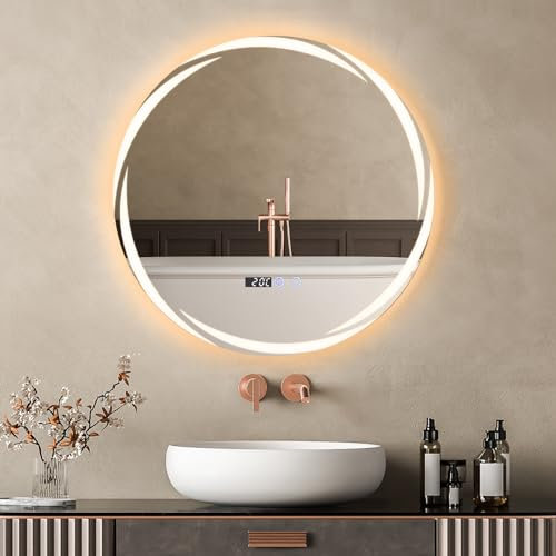 YOURLITE 600mm Round Bathroom Mirror with LED Light, Illuminated Wall Mounted Vanity Mirror with Demister, Anti-Fog Large Circle Makeup Mirror, 3-Color Dimmable LED Light, Touch Control, IP44 (wind)