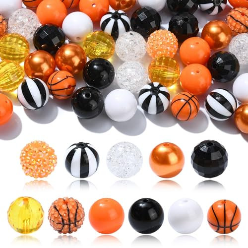LiQunSweet 50 Stück 20 mm große Acryl-Perlen mit Basketball-Motiv, für Sport, Kaugummi, Discokugeln, für selbstgemachte Schmuckherstellung, Tasche, Party-Dekorationen