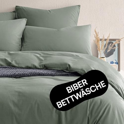 Seralino Bio Perkal Bettwäsche 135x200 Grün| Bettwäsche Perkal 135x200 inkl Kopfkissenbezug 80x80| weiche Bettwäsche Stonewashed 135 x 200| mit Reißverschluss| Bio Baumwolle