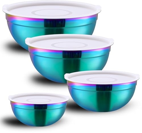 Lekoton 4-teiliges Regenbogen-Edelstahl-Rühr- und Servierschüssel-Set mit luftdichtem Deckel, unzerbrechliche tiefe Suppenschüssel