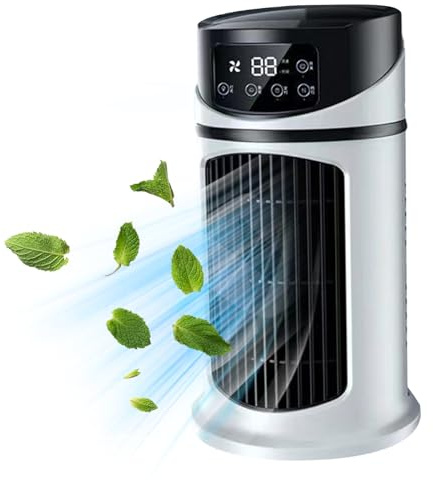 Personal Air Conditioners 9.5'' Tall Small Tower Fan 6 Speeds Personal Air Conditioner with 300ML Water Tank 6H Timer Bladeless Fan Quiet Misting Fan for Office, Bathroom