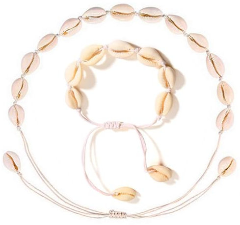 WEIESCIE 2 Piezas Collar de Concha y Pulseras de Concha, Pulsera de Concha Ajustable Estilo Playa Hawaiana, Joyas de Playa de Verano para Mujeres y Niñas