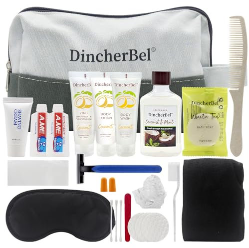 Kit de aseo de viaje y kits de conveniencia internacional, kit de higiene para viajes, negocios y caridad, kit de 14 piezas cepillo de dientes reutilizable, jabón de baño y otros artículos de tocador