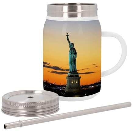 Thermobecher aus Edelstahl mit Deckel und Strohhalm – Freiheitsstatue Sonnenuntergang New York – 500 ml – Thermobecher