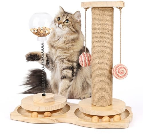 Banaone Juguete Interactivo Madera para Gatos, Juguete Interactivo de Rodillo Divertido para Mascotas, Pequeño Árbol Rascador para Gatos con Poste de Sisal y Felpa Pelota Colgante y Base con Juego