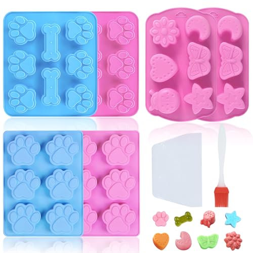 NVGVUP 8 Stück Hundekekse Backform, Hundepfoten und Knochen Silikonformen, Non-Stick Silikon Backform Hundekekse mit Teigschaber Backpinsel, für DIY Hundeleckerlies Schokolade Süßigkeiten Eiswürfel