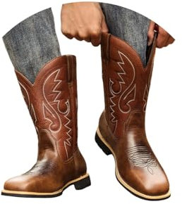 ORANDESIGNE Stivali da Cowboy da Uomo Ricamo a Punta Stivali Western Autunno Inverno Stivali a metà Polpaccio Vintage A Marrone 48 EU