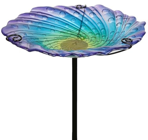 teyigarden Vogeltränke aus Glas für draußen, blaue Vogeltränke und Vogelfutterstation mit Metallpfahl für Garten, Hof, Rasen, Terrasse, Vogelliebhaber, Geschenk, 26,7 cm Durchmesser