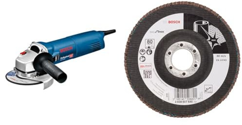 Bosch Professional Winkelschleifer GWS 1400 (Leistung 1.400-W-Motor, Ø-125mm, inkl. Aufnahmeflansch, Schutzhaube, Spannmutter, Zweilochschlüssel) + Fächerschleifscheibe X581 Best for Inox Korn 80
