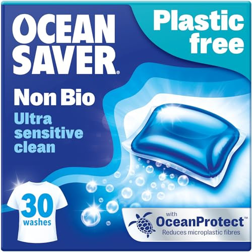 OceanSaver Eco Non-Bio Laundry Detergent Washing Capsules - 30 Washes | Ultra Sensitive Clean | Skin Friendly, Biodegradable & Scented | Removes Tough Stains | Vegan, Plastic-Free & Cruelty-Free