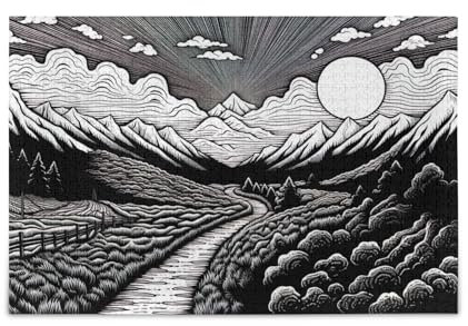 Black White Drawing of Mountains Family Puzzles, 1000 Piece Jigsaw Puzzles, Beautiful Puzzle, Picture Puzzle