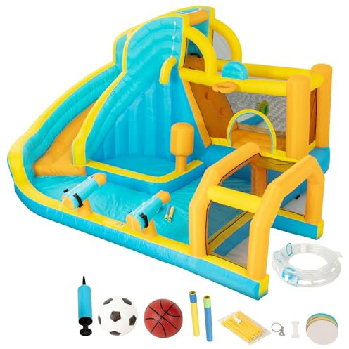 UEV Hüpfburg 8-in-1, Aufblasbare Wasserpark Springburg Spielbecken mit Rutsche Wasserpistole Fußball Basketball Kletterrampe, 445x345x215cm