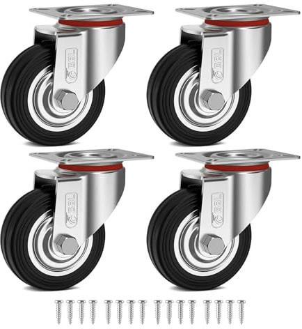 Ruote per Mobili Senza Freni + Viti - 125mm Portata Max 200kg - 4 Rotelle Antigraffio con Freno - Rotelle Pivotanti per Carrello con Perno - Nero