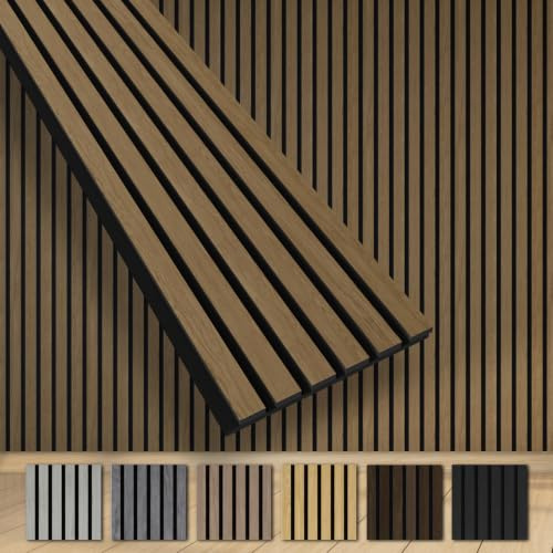 HEXIM Akustikpaneele 8 Stück 280x30cm Holz Grande - XXL Wandpaneele Platten Lamellen Holzpaneele Echtholzfurnier 21mm Filz Schalldämmung MDF Braun (6,73m² Smoked Oak)