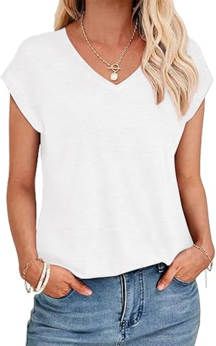 YUTILA Lot de 1 T-Shirts pour Femme Été Décontracté Basique à Manches Courtes Uni Col en V Débardeur Décontracté T-Shirt, Blanc., S