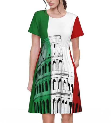 Damen-Sommerkleid, römisches Kolosseum, italienische Flagge, lässig, kurzärmelig, Rundhalsausschnitt, plissiert, Swing-T-Shirt, Sommerkleid mit Tasche