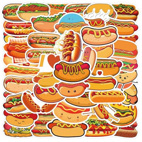 110 Stück Hotdog-Aufkleber für Laptop, Hotdog-Party-Dekorationen, Leckere Essen-Party-Favoriten, Vinyl-Wasserfeste Aufkleber für Wasserflaschen, Laptop, Handy, Koffer, Skateboard, Gitarre