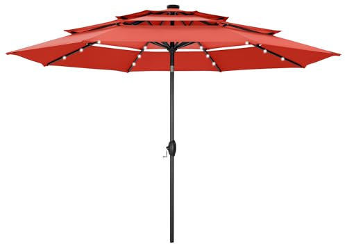 PHI VILLA 3m Garden Parasol Umbrella for Sun Protection with LED Lights 3 Tier Patio Outdoor Waterproof Umbrella with Crank,Orange Red