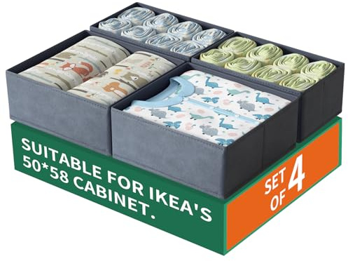 ORLISA 4 Pack Drawer Organizers Compatible with PAX Wardrobe 50x58 cm, Foldable and Sturdy, Storage Boxes for Clothes, Gray