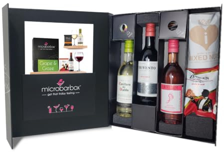 MicroBarBox Grape and Graze Wine and Snack Gift Set in a Premium Luxury Gift Box | Red, White and White Zinfandel Wine | Premium Snacks